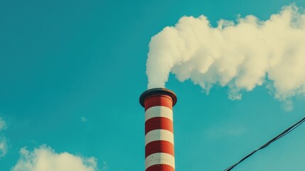 Thermal power plant chimney emitting smoke against blue sky with electric pole and industrial pipes creating an urban landscape