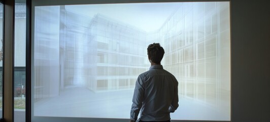 man observing architectural projection: a vision of modern design