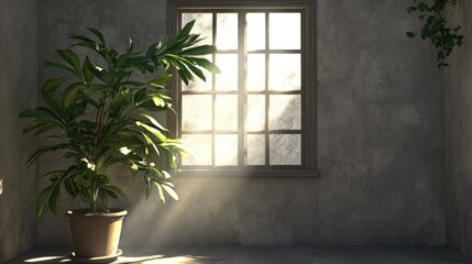 Leinwandbilder - sunlit empty office interior with window and potted plant in a minimalist 3d rendering design for modern workspace concepts
