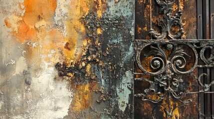 Aufkleber - Rustic texture of weathered iron door with peeling paint and intricate metalwork details showcasing aged beauty and historical charm