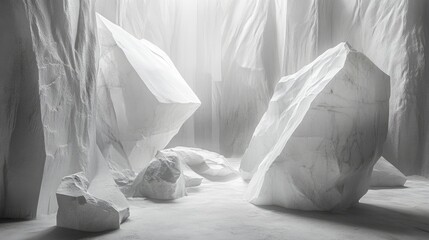 Aufkleber - White marble quarry interior showcasing large stone blocks and textured surfaces in a bright and ethereal environment