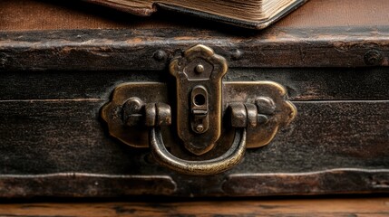 Close-up of a vintage suitcase clasp, showcasing intricate metalwork, with an antique book resting atop the suitcase, evoking nostalgia and travel, vintage, antiques, craftsmanship.