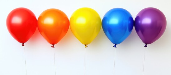 Wall Mural - Colorful balloons in a row against a clean white backdrop ideal for celebrations and festive events.