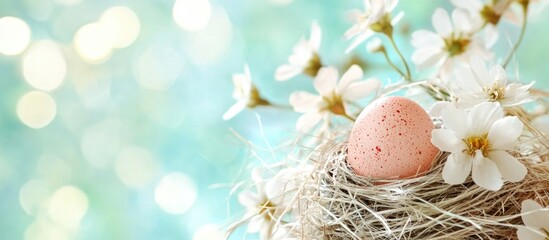 Easter egg nestled in a nest surrounded by delicate white flowers and a blurred pastel background for seasonal greetings