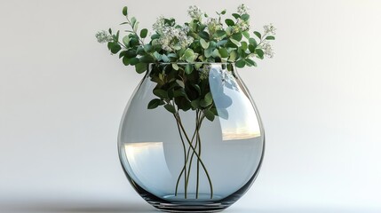Poster - Elegant glass vase with fresh greenery on a minimalist white background showcasing modern decor and floral design aesthetics.
