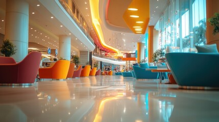 Canvas Print - A dreamy blur of a luxury mall's food court area, with vibrant seating and stylish architectural elements