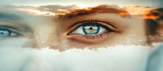 Aufkleber - Collage of selective focus images featuring a close-up of a captivating eye with dramatic clouds and sunset reflections