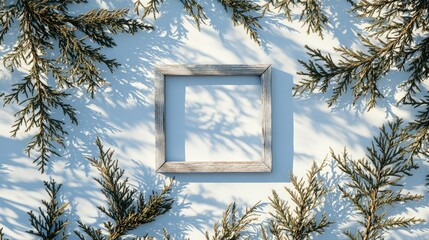 Aufkleber - Rustic wooden frame on a light background surrounded by greenery ideal for showcasing artwork or personalized designs.