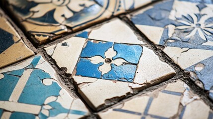 Aufkleber - Crashed and Shattered Vintage Ceramic Floor Tiles with Blue and Beige Patterns