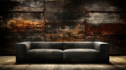 Poster - Modern minimalist living room with a dark sofa against a rustic wooden wall and ample free space for creative design ideas