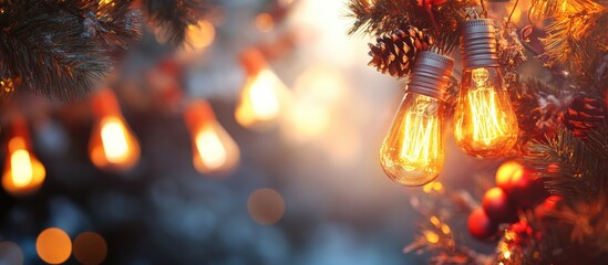 Poster - Glowing vintage lamp bulbs illuminating festive decorations in a blurred background creating a warm and inviting atmosphere