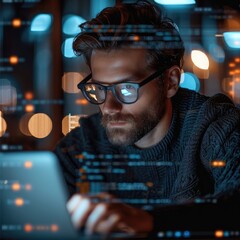 Poster - man, A confident IT professional. He is sitting and working on a laptop, with semi-transparent windows displaying code floating around him.
