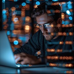Poster - man, A confident IT professional. He is sitting and working on a laptop, with semi-transparent windows displaying code floating around him.