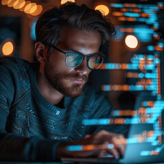 Poster - man, A confident IT professional. He is sitting and working on a laptop, with semi-transparent windows displaying code floating around him.
