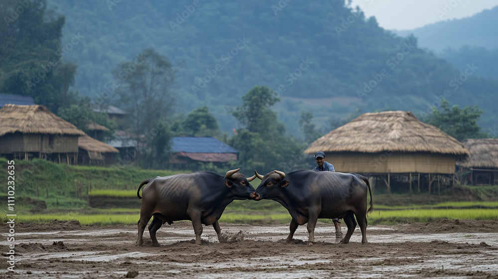 Traditional bullfighting at Bihu Festival, two bulls fighting with ...
