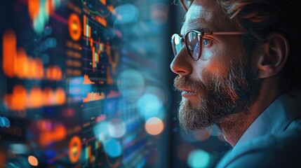 Poster - Businessman in office, with laptop, holographic digital view of financial graph and data showing the growth projecting in space.
