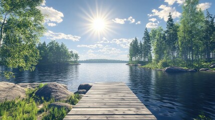 traditional finnish and scandinavian view. beautiful lake on a summer day and an old rustic wooden d