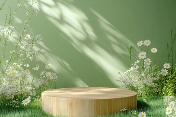 Wall Mural - Wooden product display podium in green room with grass flowers and sunshine shadow background. Product presentation theme. Nature and Organic cosmetic and food concept. 3D illustration rendering 