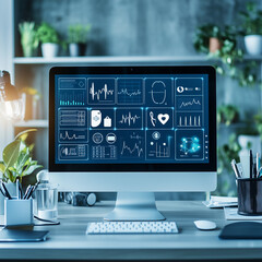 modern computer screen displaying health insurance website with medical icons and graphs, representi