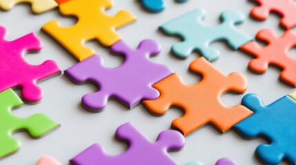 Wall Mural - an evocative depiction of colorful, abstract puzzle pieces fitting together perfectly on a smooth, n