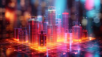 Poster - A holographic design studio featuring a glowing 3D model of a skyscraper with animated construction phases and material details. the vibrant holographic textures.