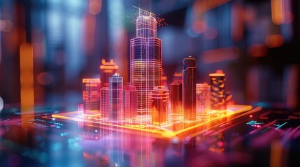 Poster - A holographic design studio featuring a glowing 3D model of a skyscraper with animated construction phases and material details. the vibrant holographic textures.