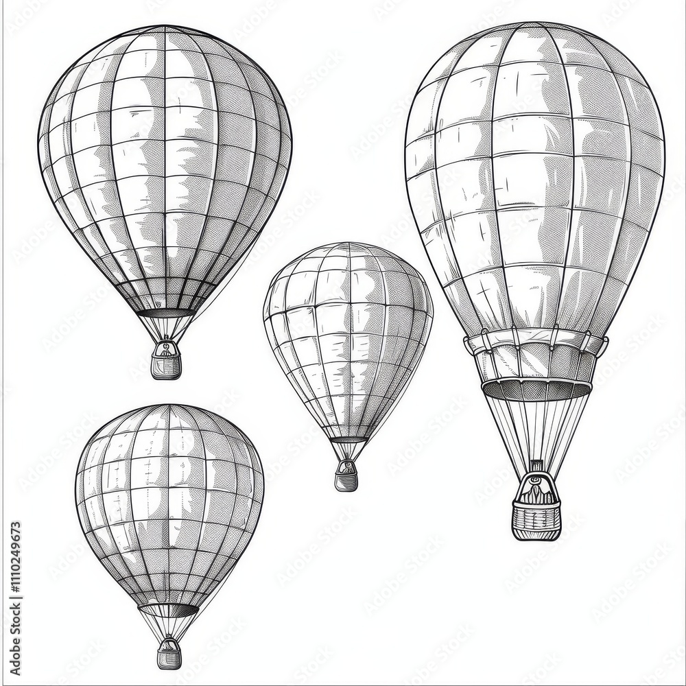 Hot air balloon set, contour drawings for design Stock Illustration ...