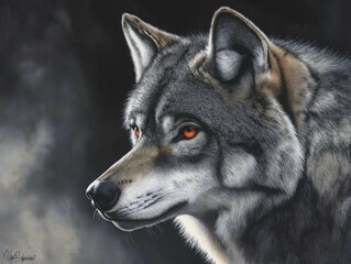  An alpha wolf with piercing red eyes that glow vividly in the darkness