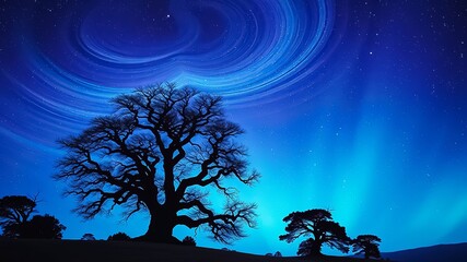 Wall Mural - Silhouette of trees against a swirling, celestial night sky, filled with stars and a vibrant blue aurora