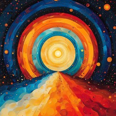 Wall Mural - Abstract cosmic landscape with vibrant colors and concentric circles leading to a bright center.