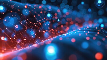 Fototapete - A blue and red digital and decentralized node environment.