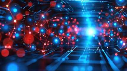 Fototapete - A blue and red digital and decentralized node environment.