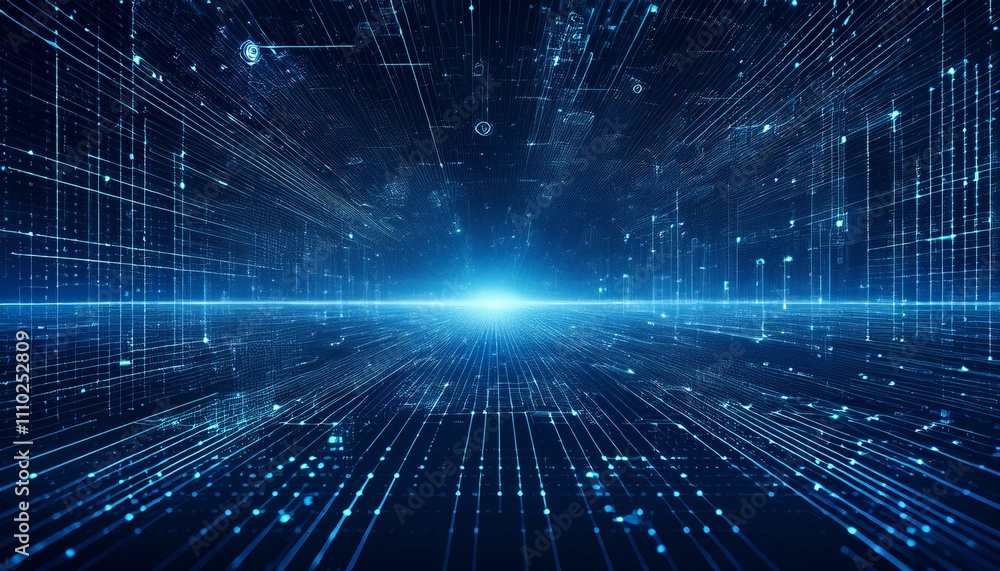 Digital Horizon: Abstract digital space with glowing blue light, lines ...