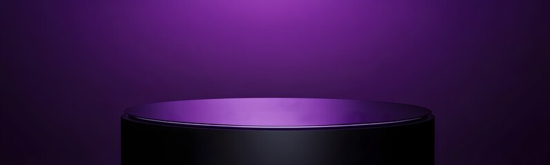 Wall Mural - round black podium with a sleek, smooth surface, illuminated from above, against a rich purple backd
