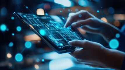 Hands Interacting with a Tablet Displaying Futuristic Blue Interface