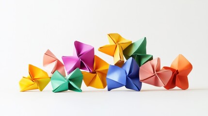 Wall Mural - an evocative scene of a variety of unique, multi-colored origami shapes interlocking to form a cohes