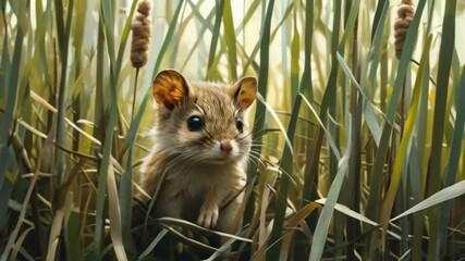 animation of reed grass creatures. small wildlife moving discreetly within dense reeds, unveiling a 