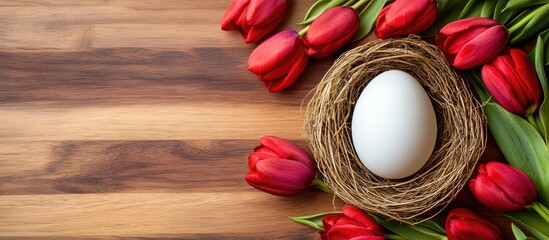 Easter themed backdrop with a white egg in a nest surrounded by red tulips on a wooden table ideal for seasonal promotions and greetings