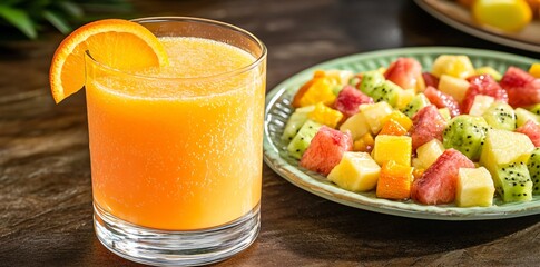 Wall Mural - A refreshing orange drink beside a colorful fruit salad on a wooden table.