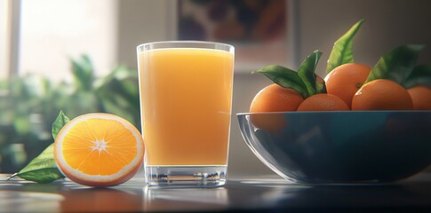 Wall Mural - A glass of orange juice beside a bowl of fresh oranges, set in a bright environment.