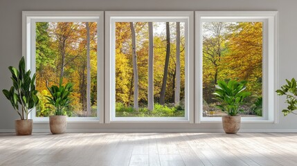 Wall Mural - modern home interior featuring energy-efficient windows blocking uv rays with a view of autumn folia