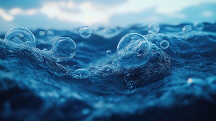 Wall Mural - close up of shimmering bubbles forming on the surface of deep blue water with a soft sky backdrop