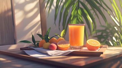 Wall Mural - A refreshing glass of orange juice with fresh fruits on a wooden tray, surrounded by greenery.