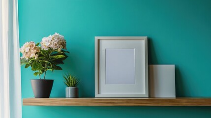 Wall Mural - Mockup of a modern picture frame on a wooden shelf against a petrol green wall with decorative plants and flowers for stylish interior design.