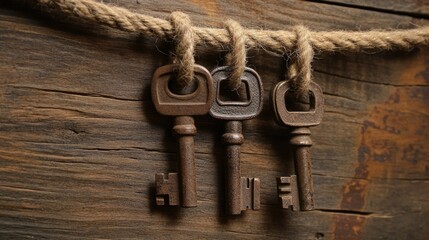 Rusty vintage keys hanging on a twine against a rustic wooden background showcasing aged charm and historical significance