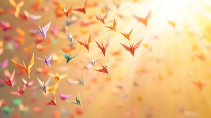 Wall Mural - an inspiring scene of a diverse group of paper cranes in various colors flying towards a bright, uni