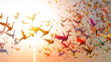 Wall Mural - an inspiring scene of a diverse group of paper cranes in various colors flying towards a bright, uni