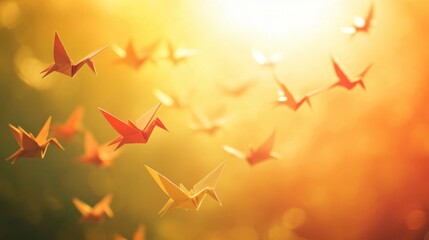 Wall Mural - an inspiring scene of a diverse group of paper cranes in various colors flying towards a bright, uni