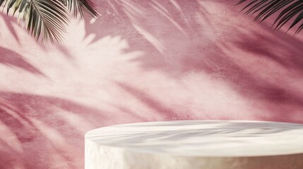 Sticker - Minimalistic abstract backdrop featuring a white podium casting shadows from tropical palm leaves against a pink wall perfect for cosmetic displays