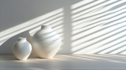 Sticker - Minimalist interior design featuring white vases on a table with sunlight casting shadows against a white wall background